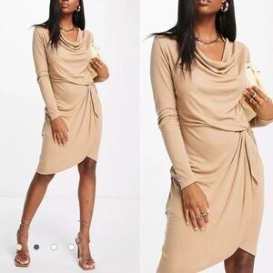Ted Baker Natural Neyda Jersey Drape Long Sleeve Dress US SZ 8